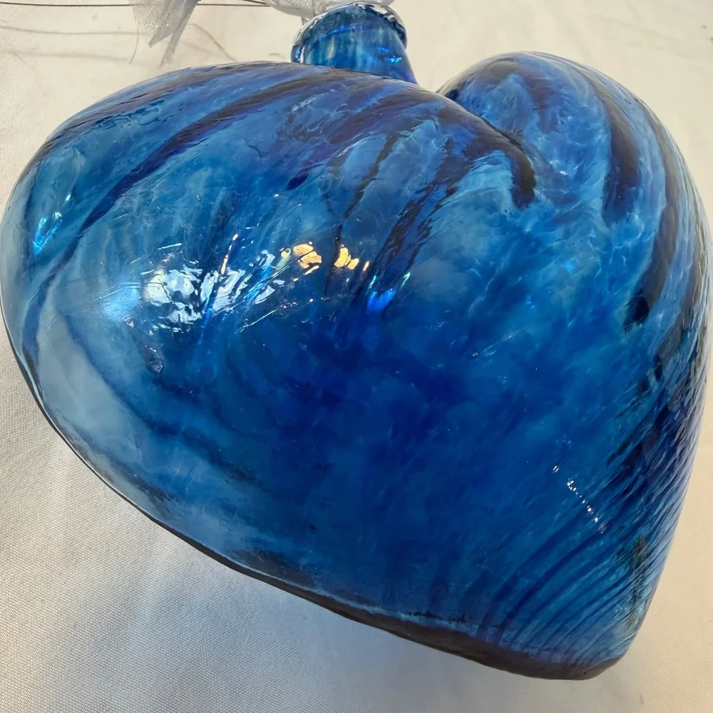 Hand Blown Cobalt Blue Art Glass Heart Ornament Marbled Swirl 4 Inch